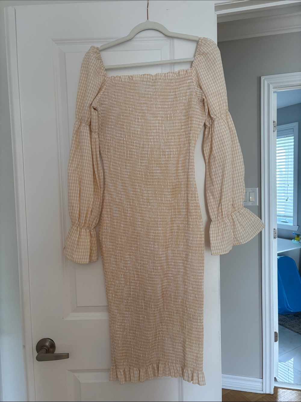 Smocked Gingham Long Sleeve Midi Dress in Beige